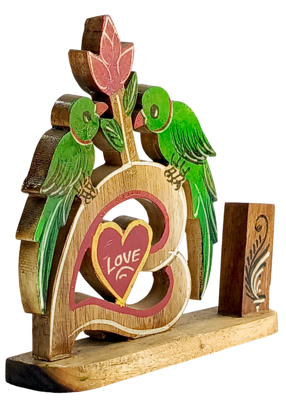 Handmade Wooden Love Birds Showpiece with Heart Design, Romantic Home Decor, Table and Shelf Decoration, Gift for Couples and Anniversaries