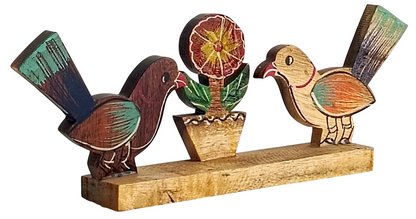 Handmade Wooden Birds Showpiece with Flower Pot, Traditional Indian Handicraft Decor for Home Office Desk Table Decoration