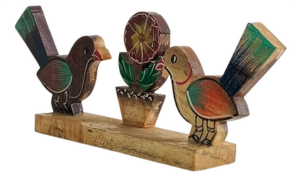 Handmade Wooden Birds Showpiece with Flower Pot, Traditional Indian Handicraft Decor for Home Office Desk Table Decoration