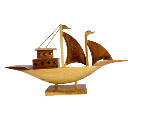 Artisan-Crafted Wooden Boat Showpiece: Handmade Nautical Décor