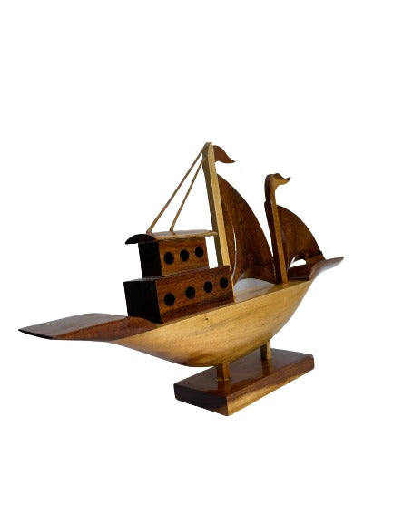 Artisan-Crafted Wooden Boat Showpiece: Handmade Nautical Décor