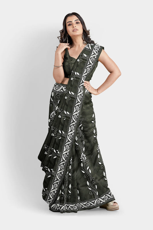 Kantha Stitch: Exclusive Blended Silk Saree with Traditional Craftsmanship and Statement Design With BP