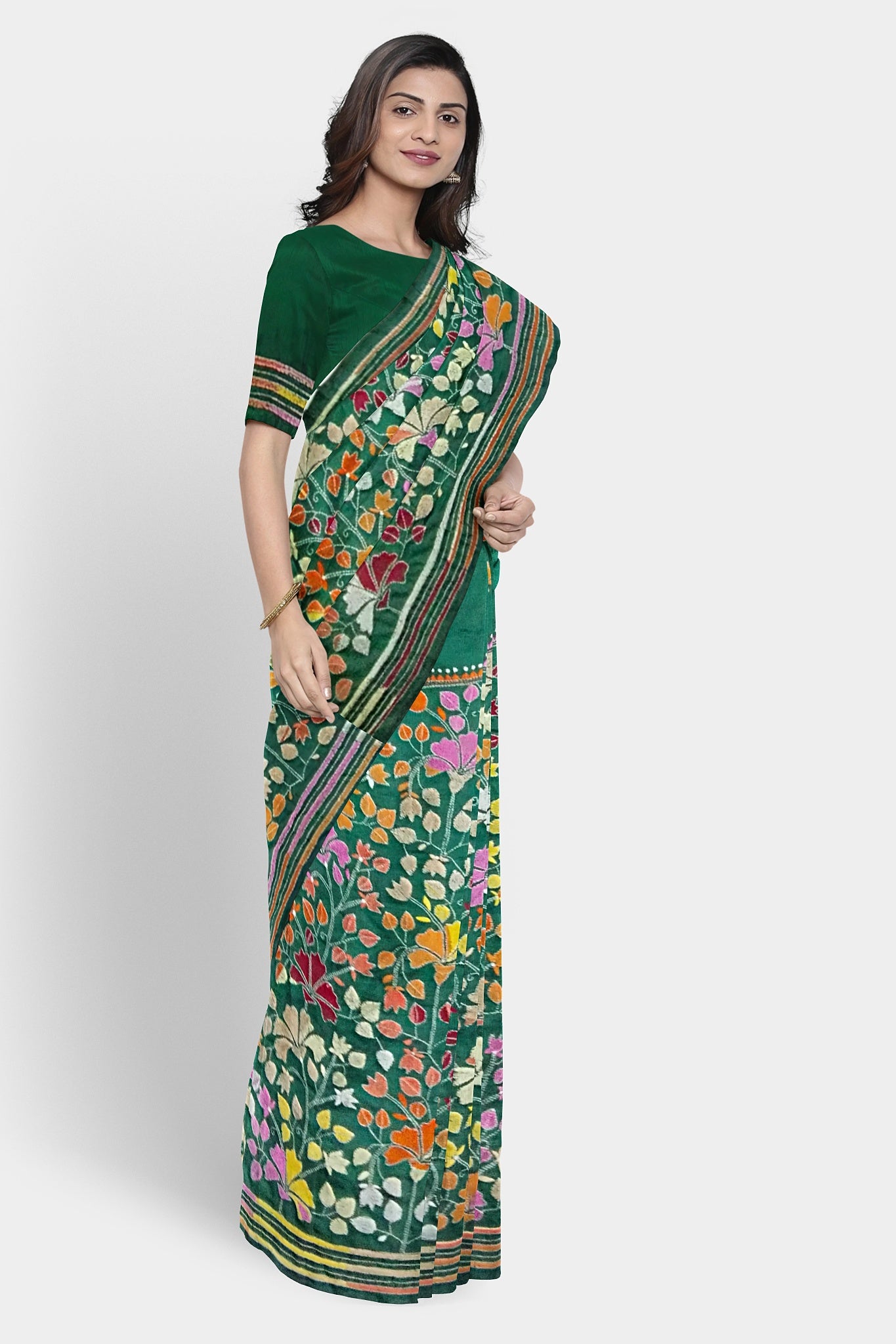Kantha Stitch: Stylish Blended Silk Saree showcasing Traditional Artistry in Modern Indian Fashion
