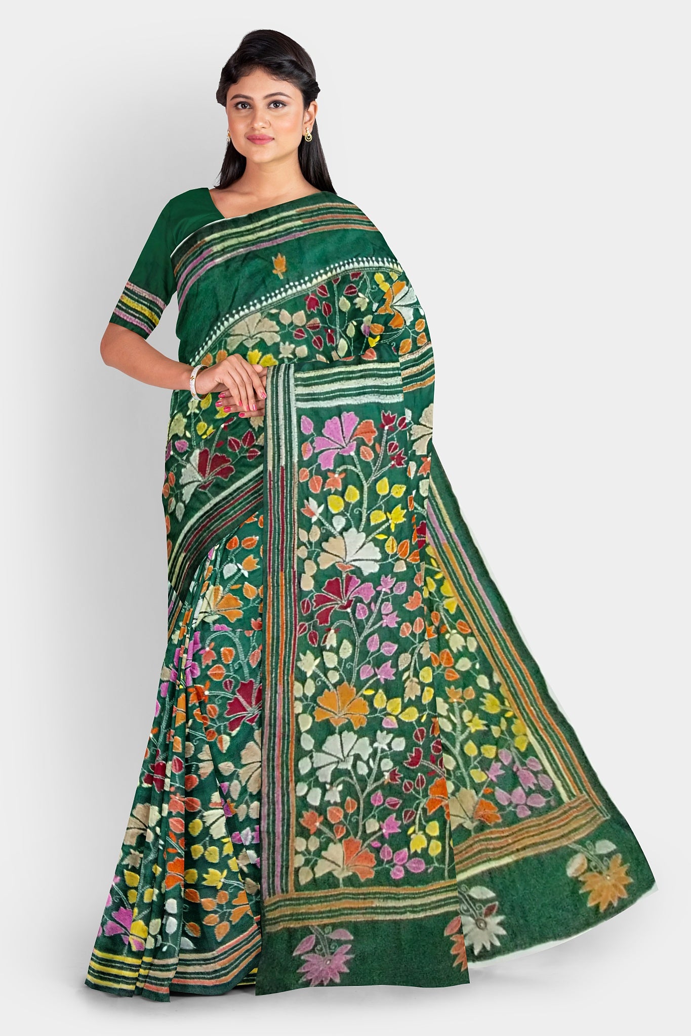 Kantha Stitch: Stylish Blended Silk Saree showcasing Traditional Artistry in Modern Indian Fashion