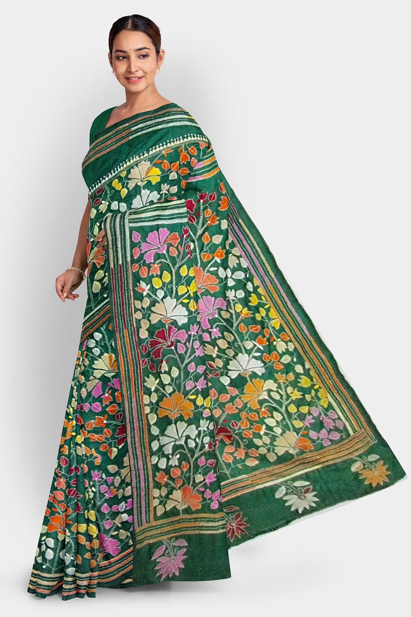 Kantha Stitch: Stylish Blended Silk Saree showcasing Traditional Artistry in Modern Indian Fashion