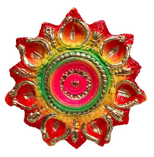 Terracotta/Earthen Clay Decorative 7 Diwali Diya Decorative Tray Puja Color