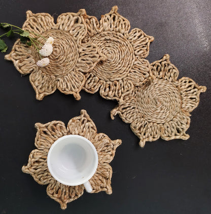 Indulge in The Natural Beauty of Jute with Mukherjee Handicrafts' Handmade Tea Coasters ( Set of 4 ) ( 6 Inch )