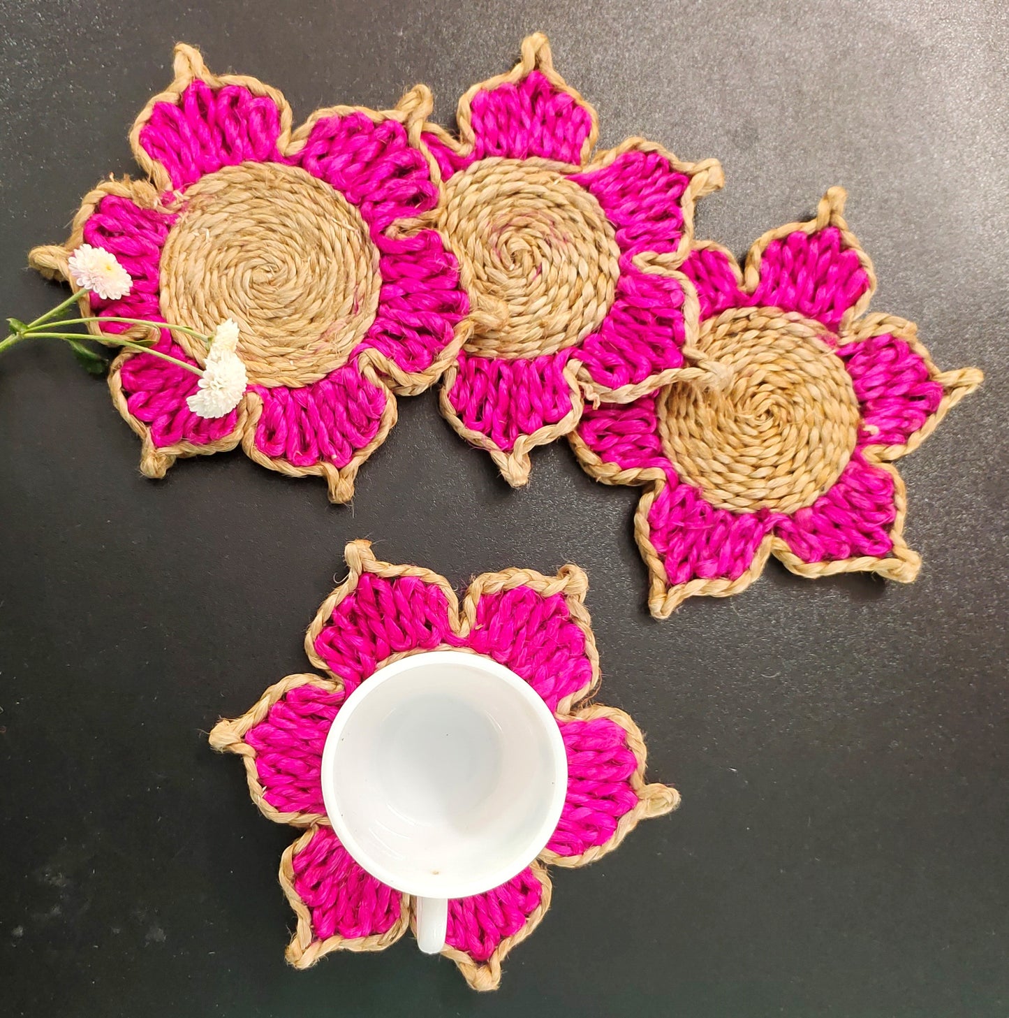 Indulge in The Natural Beauty of Jute with Mukherjee Handicrafts' Handmade Tea Coasters ( Set of 4 ) ( 6 Inch )