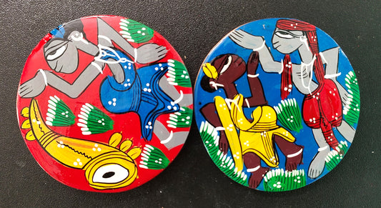 Handpainted Patachitra Wooden Coaster Set of 2 by Mukherjee Handicrafts (8cm X 8cm)