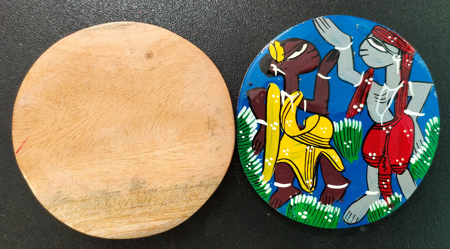 Handpainted Patachitra Wooden Coaster Set of 2 by Mukherjee Handicrafts (8cm X 8cm)