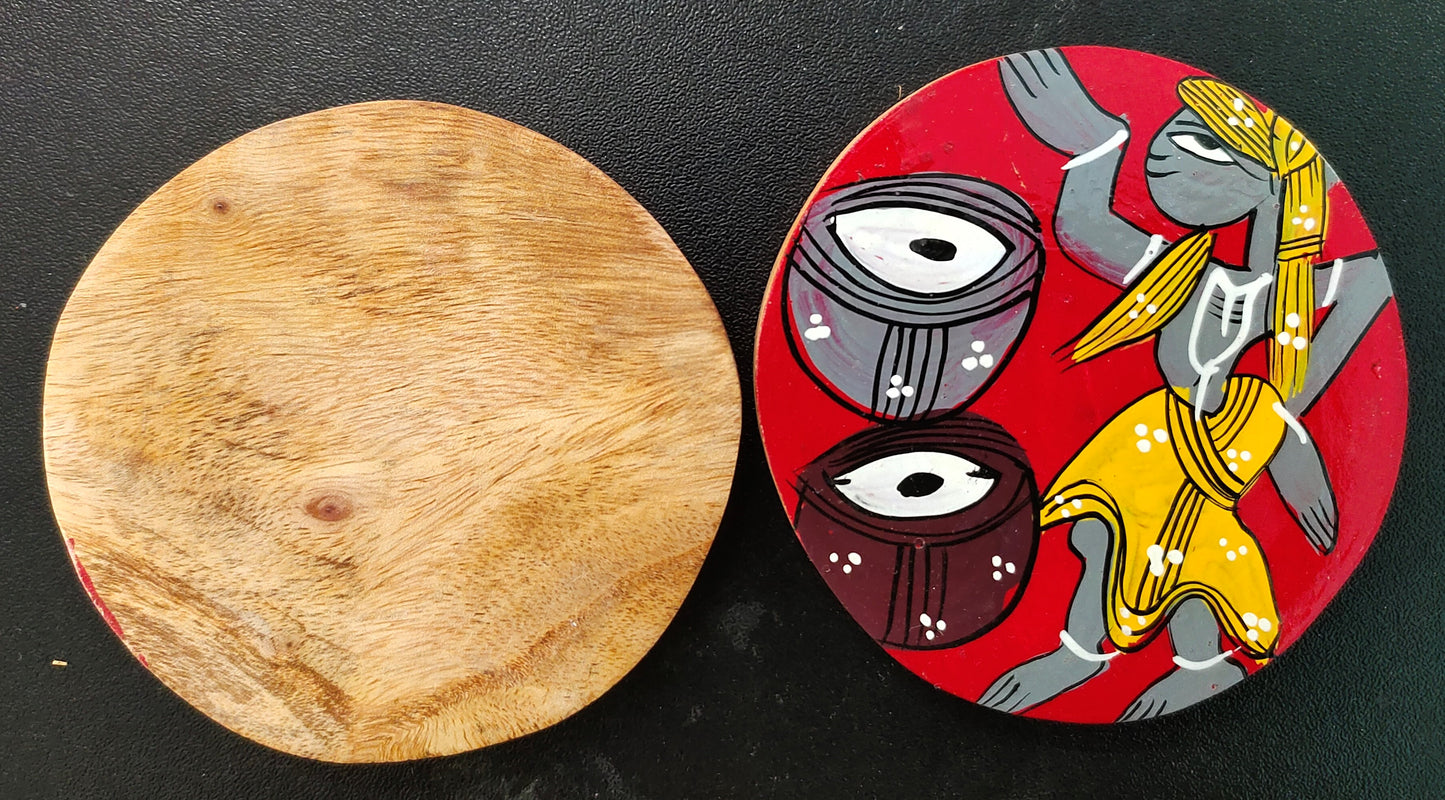 Unique Patachitra Craft Wooden Coaster Set of 2 by Mukherjee Handicrafts (8cm X 8cm)