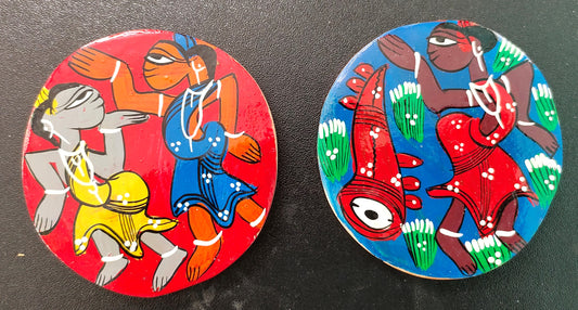 Authentic Patachitra Art Handpainted Wooden Coaster Set of 2 by Mukherjee Handicrafts (8cm X 8cm)