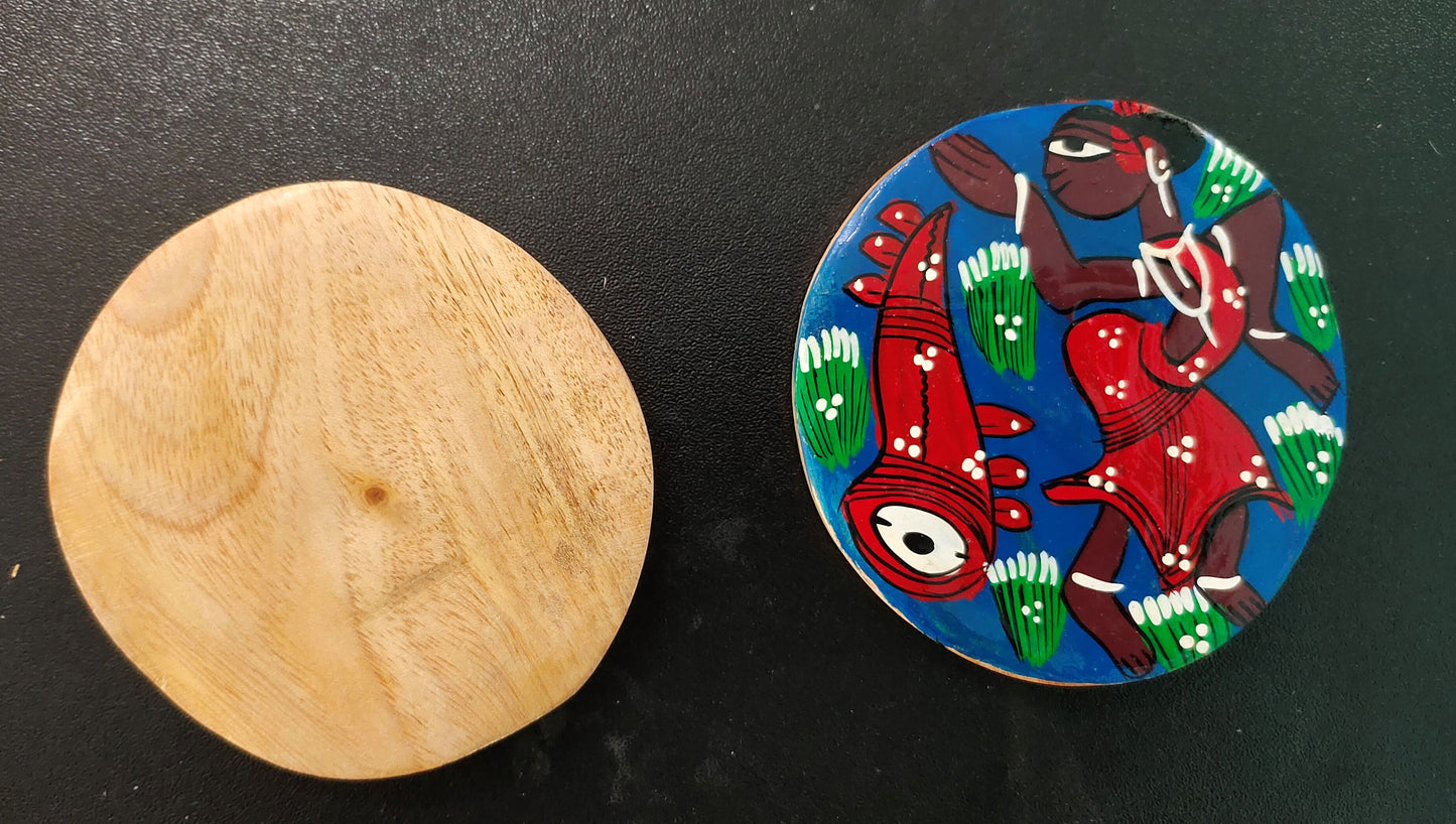 Authentic Patachitra Art Handpainted Wooden Coaster Set of 2 by Mukherjee Handicrafts (8cm X 8cm)