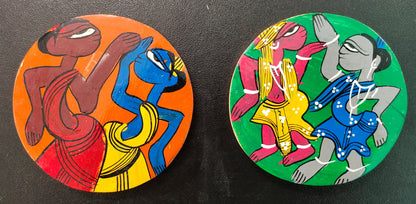 Colorful Patachitra Handpainted Wooden Coaster Set of 2 by Mukherjee Handicrafts (8cm X 8cm)