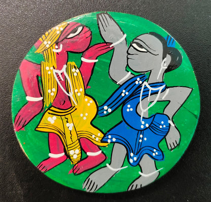 Colorful Patachitra Handpainted Wooden Coaster Set of 2 by Mukherjee Handicrafts (8cm X 8cm)