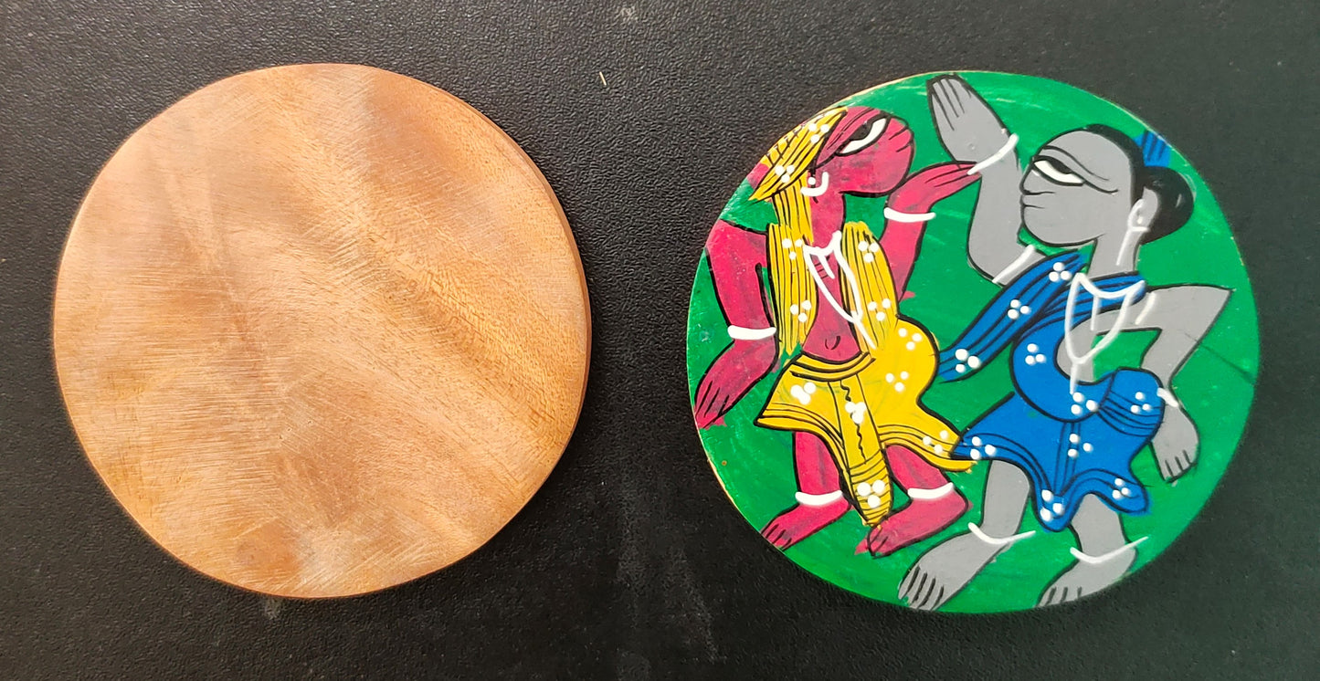 Colorful Patachitra Handpainted Wooden Coaster Set of 2 by Mukherjee Handicrafts (8cm X 8cm)