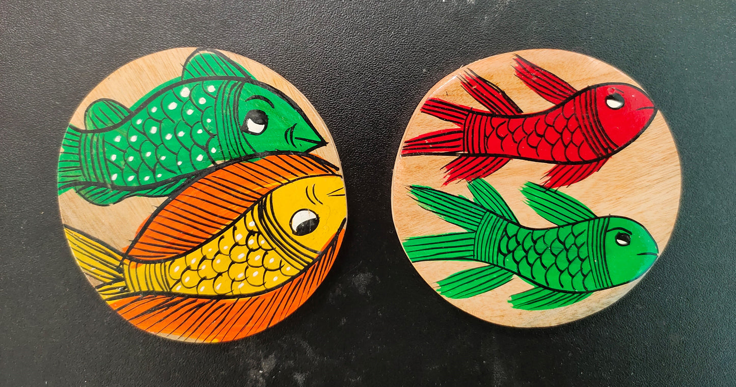 Decorative Patachitra Handpainted Wooden Coaster Set of 2 by Mukherjee Handicrafts (8cm X 8cm)