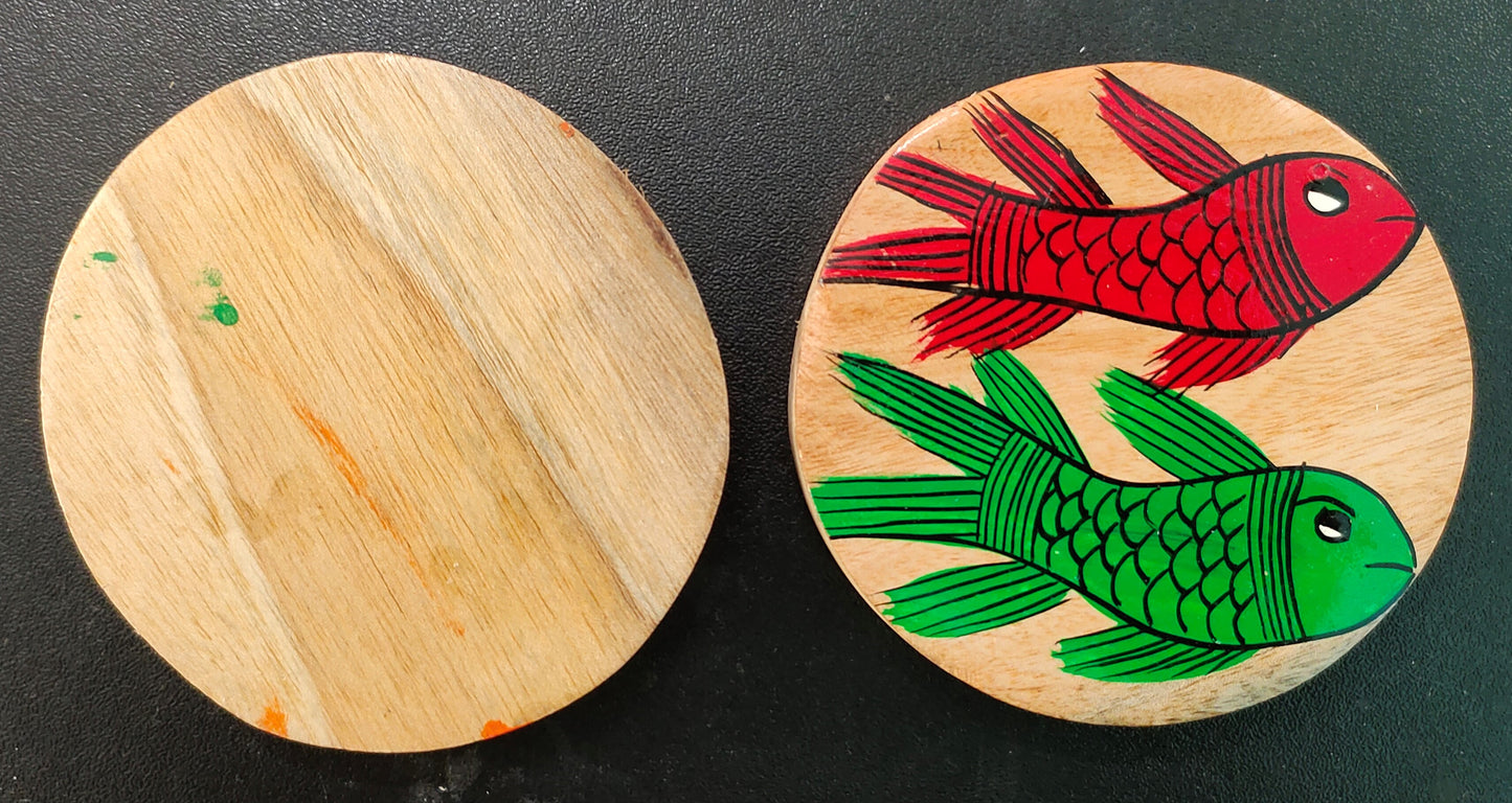 Decorative Patachitra Handpainted Wooden Coaster Set of 2 by Mukherjee Handicrafts (8cm X 8cm)