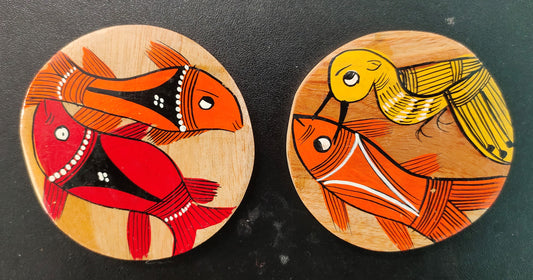 Traditional Patachitra Art Wooden Coaster Set of 2 by Mukherjee Handicrafts (8cm X 8cm)