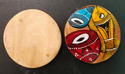 Exquisite Patachitra Handpainted Wooden Coaster Set of 2 by Mukherjee Handicrafts (8cm X 8cm)