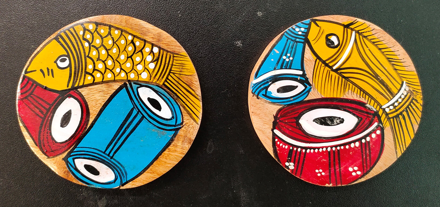 Handcrafted Patachitra Art Wooden Coaster Set of 2 by Mukherjee Handicrafts (8cm X 8cm)