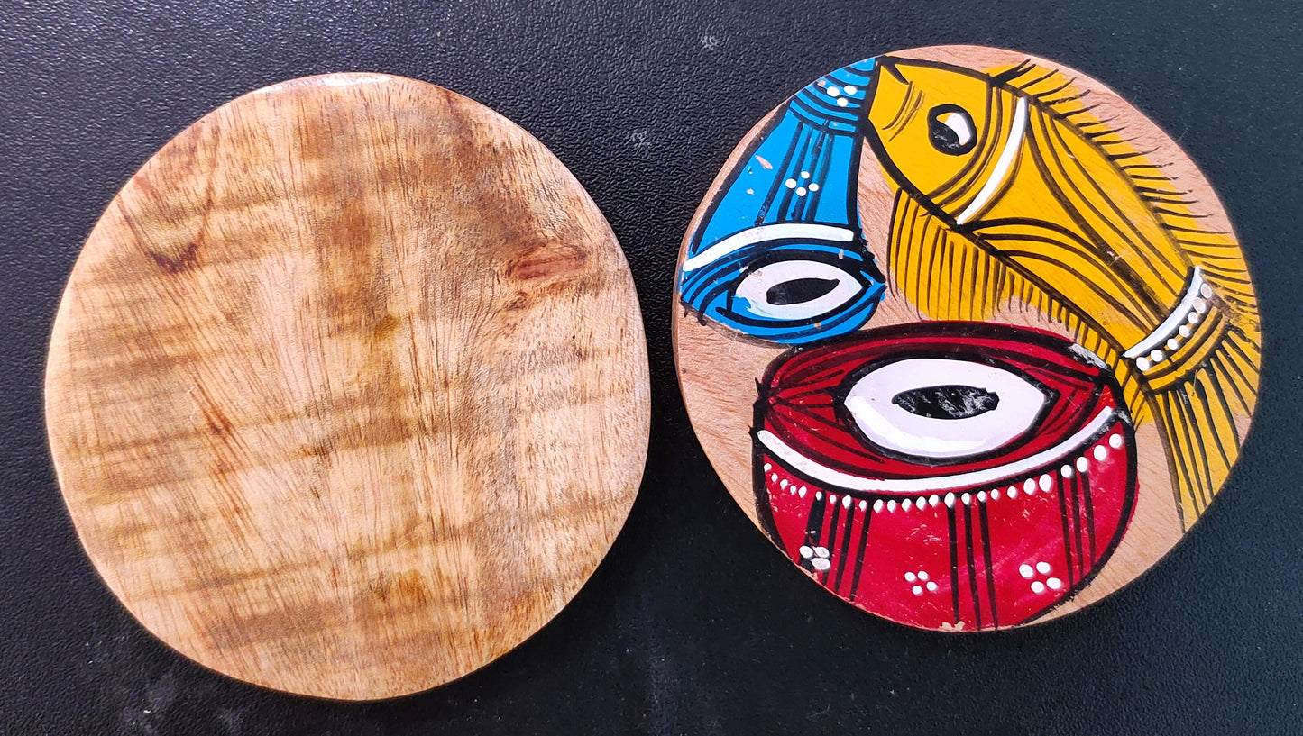 Handcrafted Patachitra Art Wooden Coaster Set of 2 by Mukherjee Handicrafts (8cm X 8cm)